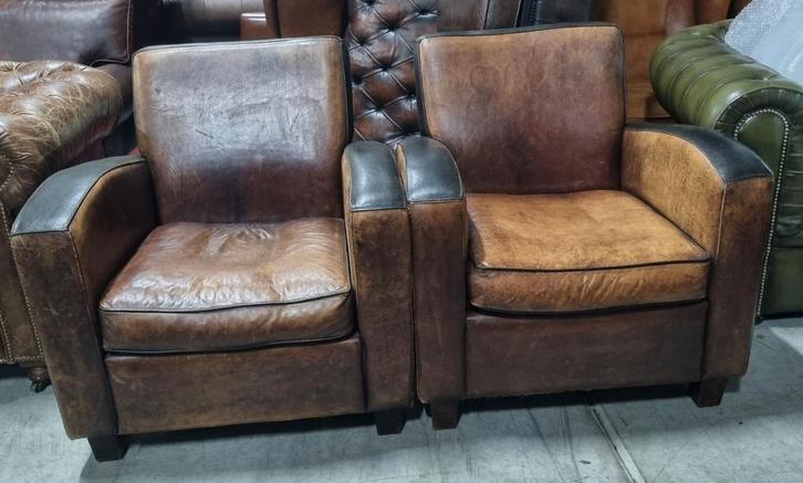2x Vintage schapenleren stoel robuust + BEZORGING GRATIS, Huis en Inrichting, Fauteuils, Gebruikt, Leer, 75 tot 100 cm, 75 tot 100 cm