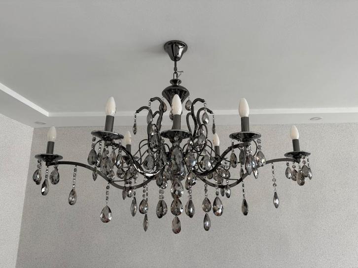 Elegante Zwarte Kroonluchter, Huis en Inrichting, Lampen | Kroonluchters, Zo goed als nieuw, Glas, Metaal, Ophalen