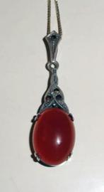 Ketting Zilver 835 Carneool Markasiet Antiek, Overige kleuren, Ophalen of Verzenden, Zo goed als nieuw, Met edelsteen