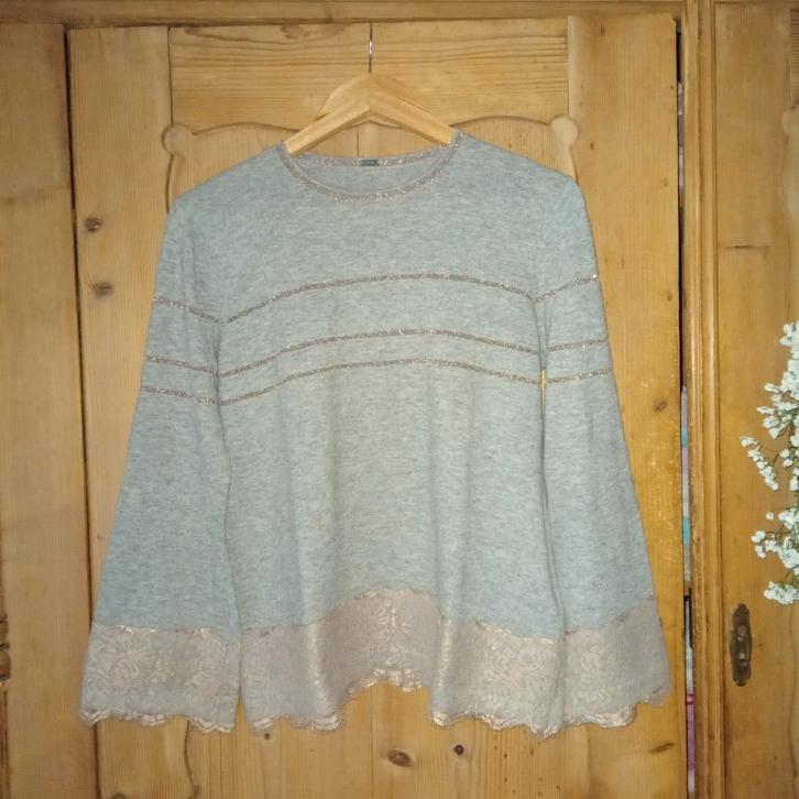 Mooie grijze trui Gustav kant en subtiele glitter brons M, Kleding | Dames, Truien en Vesten, Zo goed als nieuw, Maat 38/40 (M)