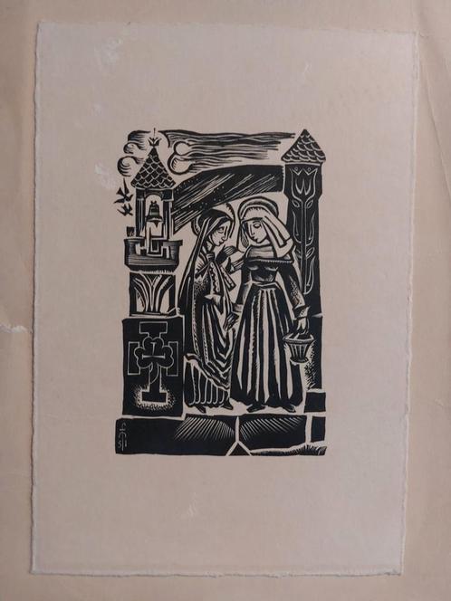 Frans Mandos Houtsnede - Twee Vrouwen bij Toren, Antiek en Kunst, Kunst | Etsen en Gravures, Ophalen of Verzenden