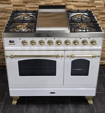 Luxe Fornuis Boretti 90cm hoogglans wit messing 300 oven beschikbaar voor biedingen