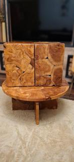 Prachtige Handgemaakte Teakhouten Set – Salontafel & 2 Bijze, Ophalen, Zo goed als nieuw