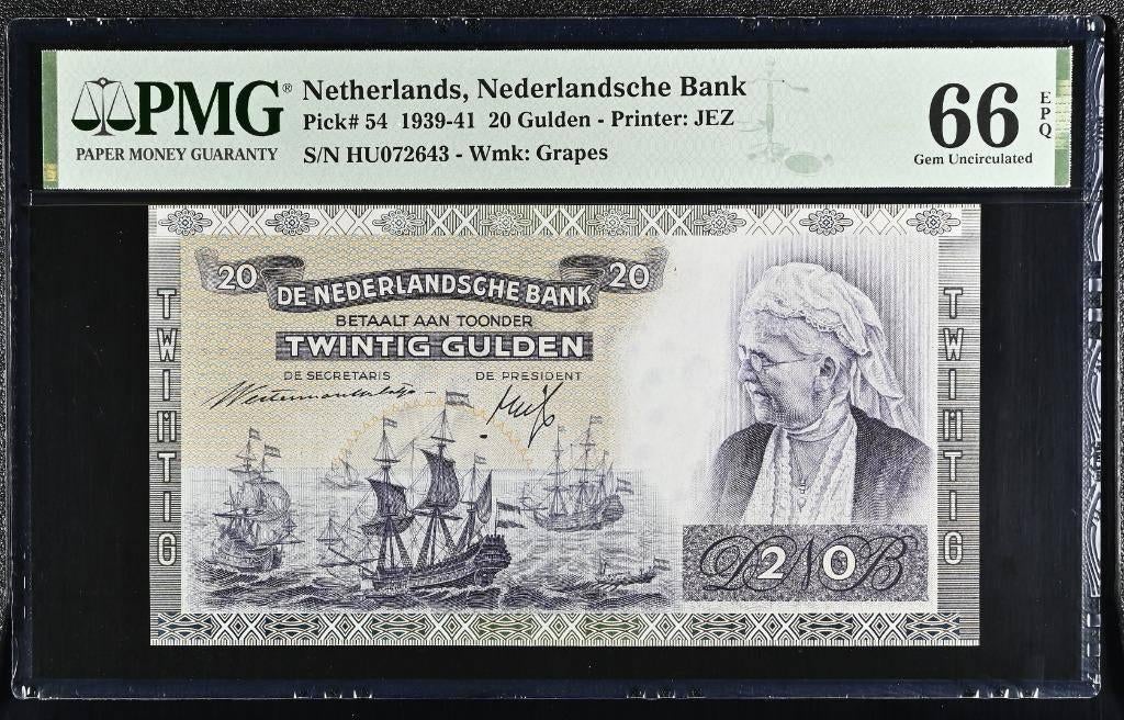 UNC biljet 20 gulden Emma, 1941 | PMG 66 EPQ, Ophalen of Verzenden, 25 gulden