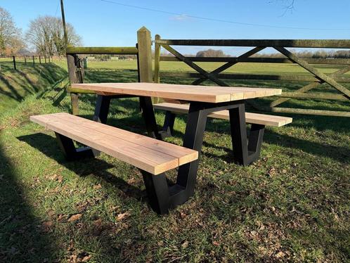 Picknicktafel zwart gepoedecoate poot | Eiken of Douglas, Tuin en Terras, Picknicktafels, Nieuw, Rechthoekig, Hout, Ophalen