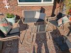 Tuinsetje bankje en 2 stoelen, tafel met glas incl. Kussens, Ophalen