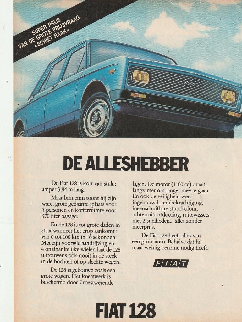 Retro reclame 1975 Fiat 128 auto kort van stuk, Verzenden, Overige typen