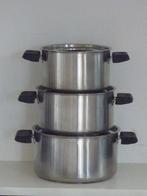 3 pannen, Pannenset, RVS, INOX, Huis en Inrichting, Keuken | Potten en Pannen, Ophalen of Verzenden, Gebruikt, Rvs, Pannenset