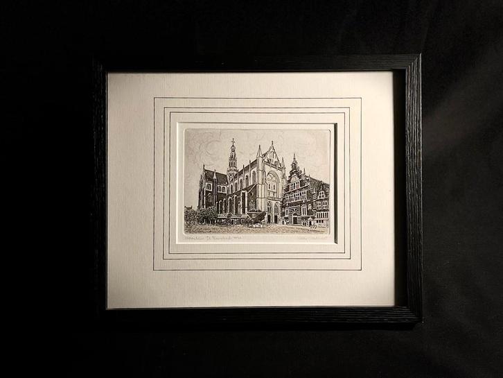 Originele ingekleurde ets St. Bavo kerk Willem Veldhorst, Antiek en Kunst, Kunst | Etsen en Gravures, Ophalen of Verzenden