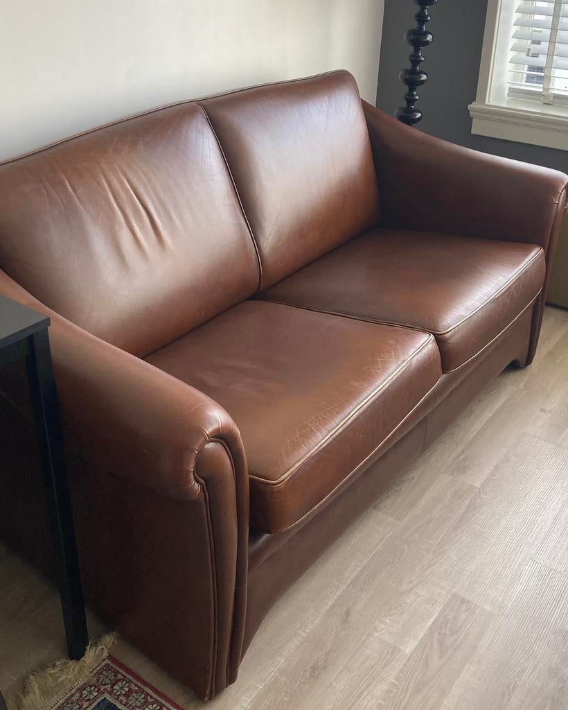 Vintage bruin leren tweezits bank, Ophalen, Gebruikt, 150 tot 200 cm, Vintage