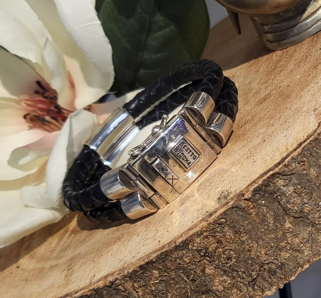 Best to Buddha armband 925Zilver/leer maat 21 / 2 cm breed, Ophalen of Verzenden, Nieuw, Zwart, Zilver