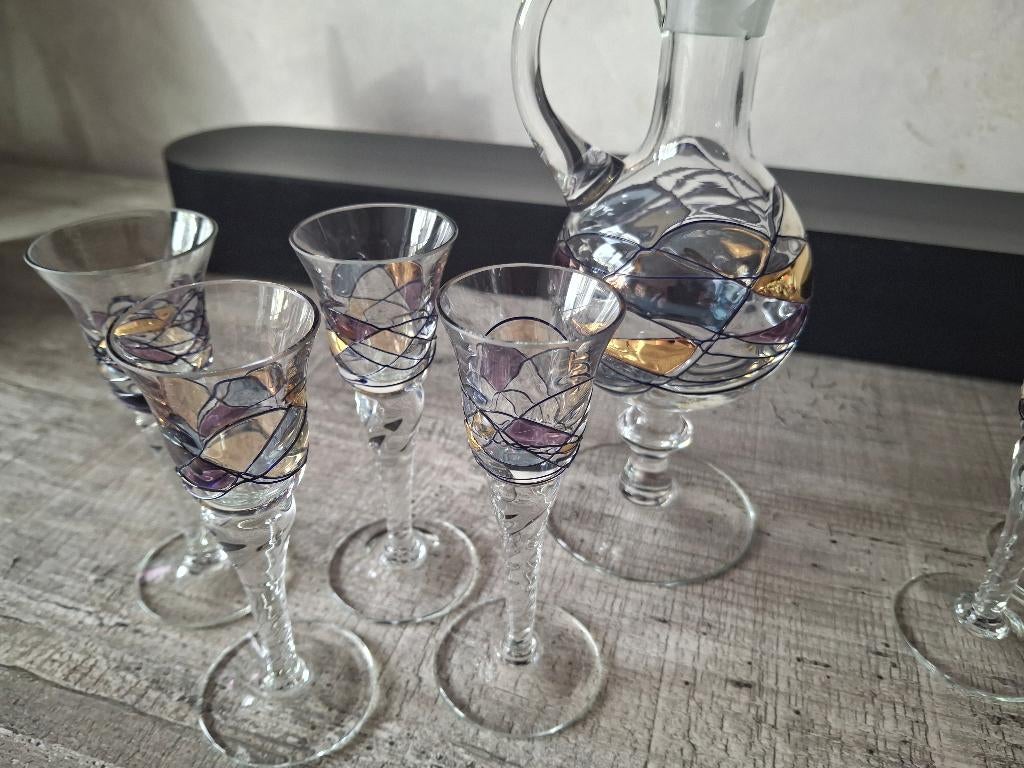 Glazen karaf met 7 glaasjes, Antiek en Kunst, Antiek | Glas en Kristal, Ophalen of Verzenden