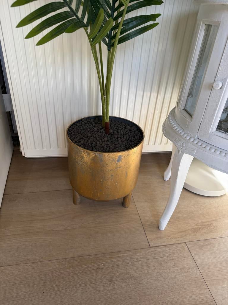Gouden bloempot met kunstplant, Gebruikt, Minder dan 60 cm, Rond, Ophalen of Verzenden