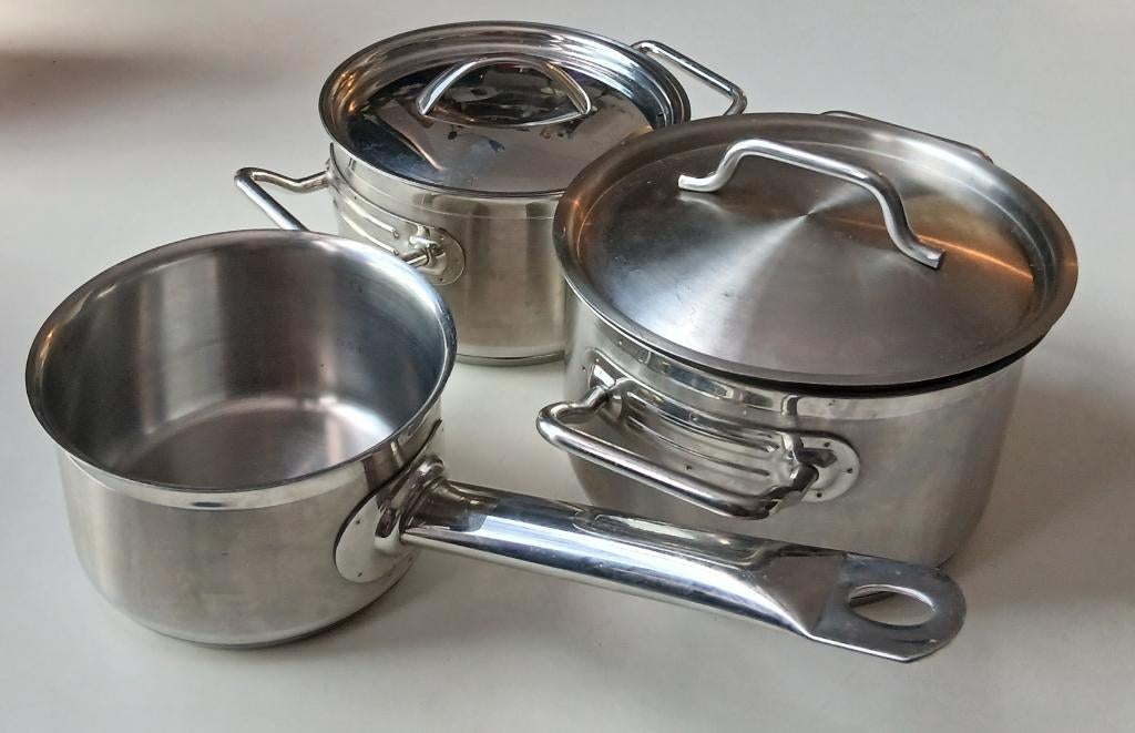 3 Sigg rvs pannen, steelpan 1liter, 2 kookpannen 1,5 en 2L, Ophalen, Gebruikt, Pannenset, Rvs