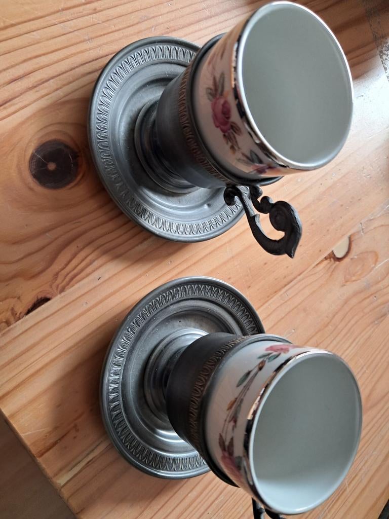 Tinnen theekopjes met porseleinen inzet, Ophalen of Verzenden