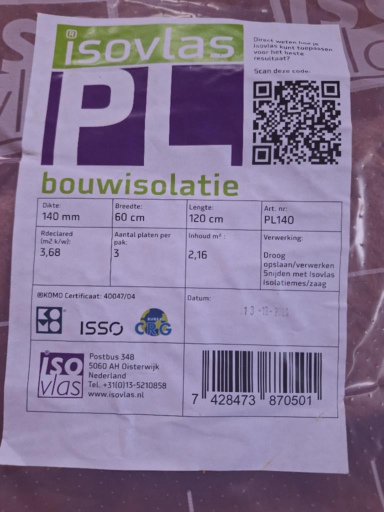 Isovlas 2 m2, Ophalen, Overige materialen, Dakisolatie, 12 cm of meer