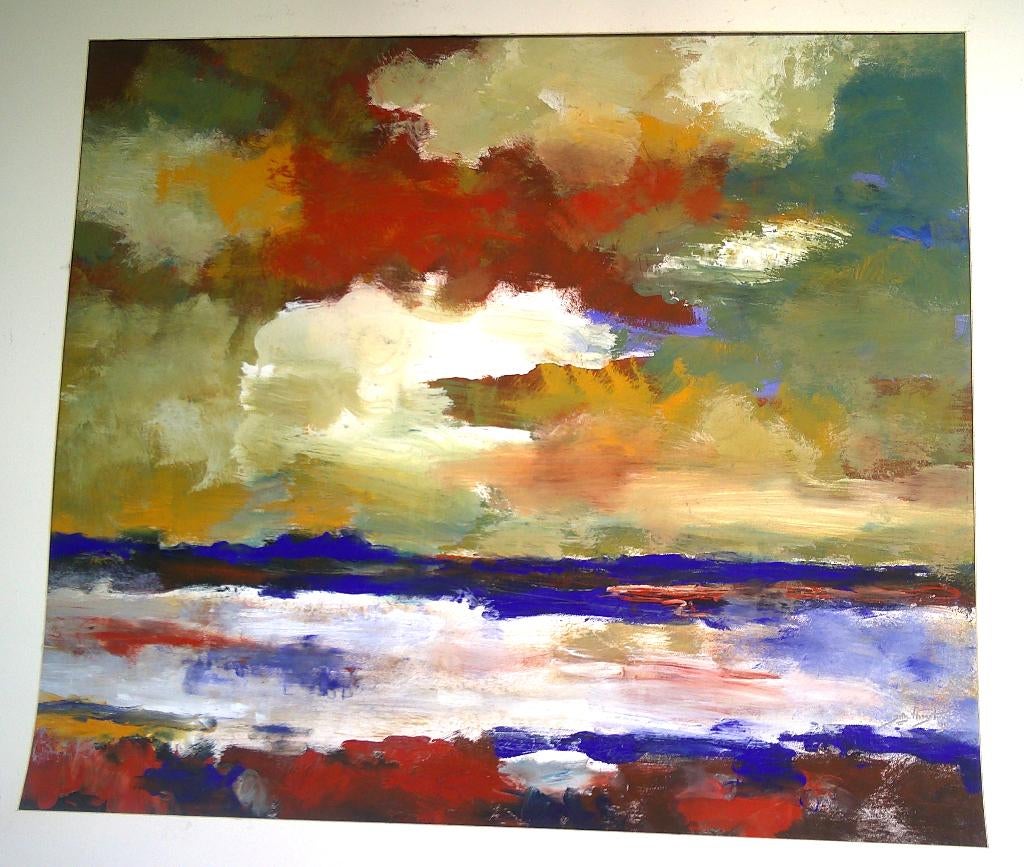 Land/Water met wolkenpartij '92 - Jelle Hoogstra 1924-2003, Antiek en Kunst, Kunst | Schilderijen | Klassiek, Ophalen of Verzenden