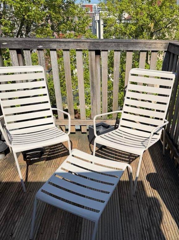 Set van 2 metalen tuinstoelen met 2 voetenbankjes, Tuin en Terras, Tuinstoelen, Ophalen, Gebruikt, Metaal