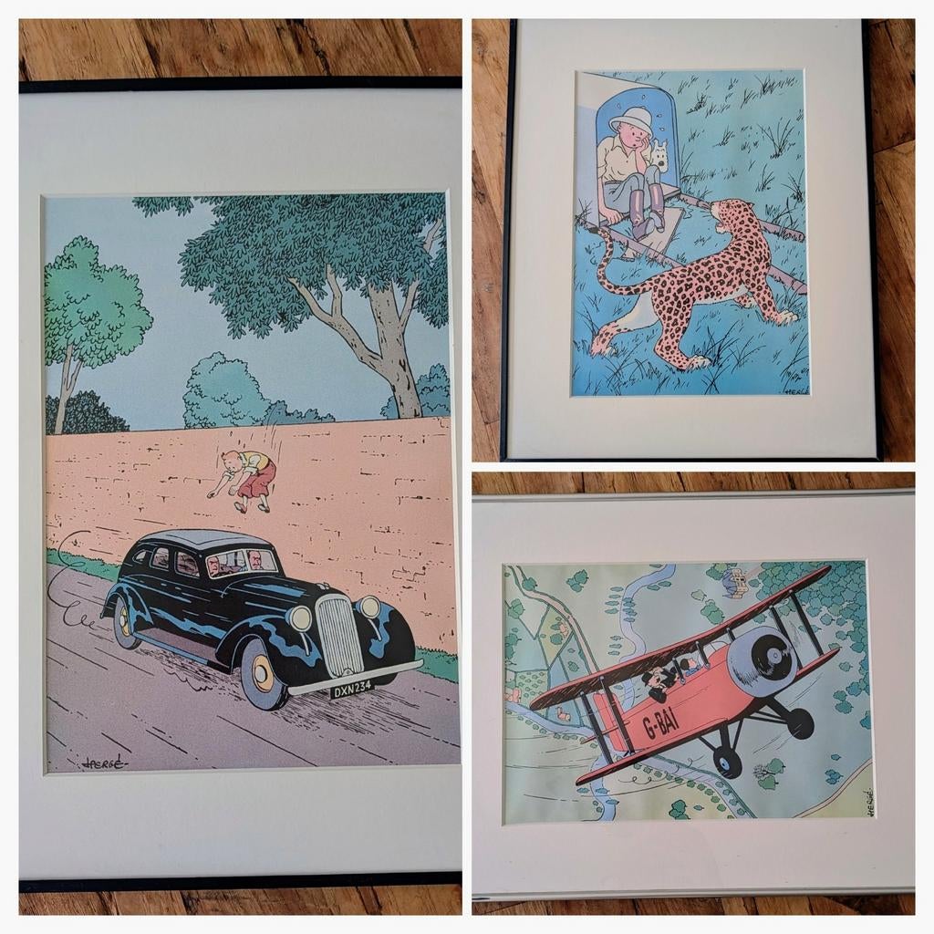 Set van 3 Prachtige Ingelijste Kuifje Prints (Hergé), Ophalen of Verzenden, Kuifje, Zo goed als nieuw, Plaatje, Poster of Sticker