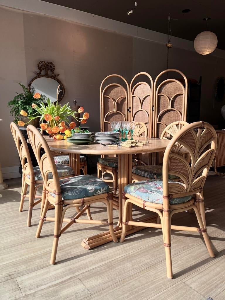6 palm Leaf stoelen ovale rotan tafel vivai del sud Vintage, Ophalen, Bruin, Vintage, Zo goed als nieuw