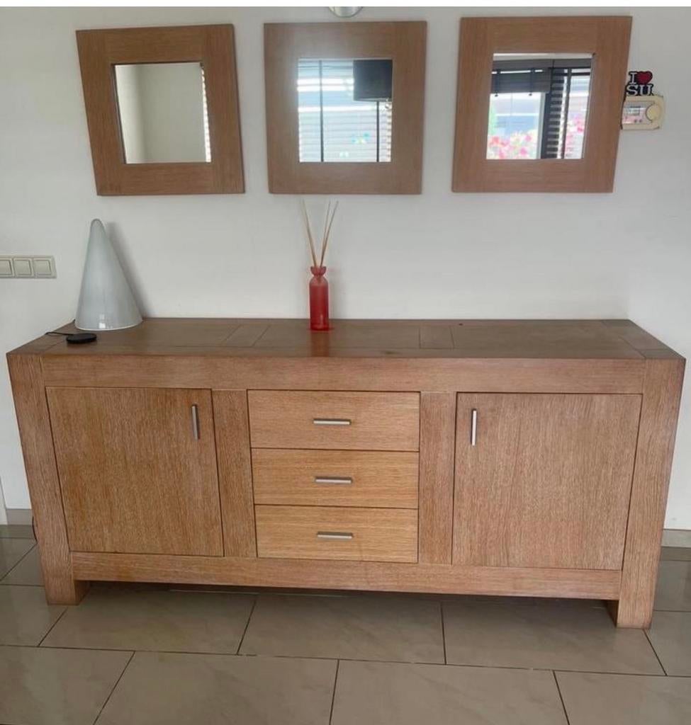 Wandkast met spiegels in blank eiken hout., 100 tot 150 cm, 150 tot 200 cm, Ophalen of Verzenden, Met lade(s)