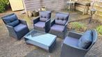 Tuinset met tafel (glasplaat) 4 stoelen met kussens, Tuin en Terras, Tuinsets en Loungesets, Ophalen, Gebruikt, Wicker