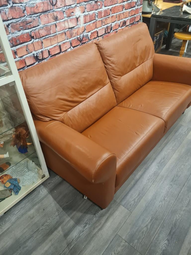 Bankstel 2-zits rood/bruin leer, Huis en Inrichting, Banken | Bankstellen, Ophalen, Gebruikt, Driepersoons, Rechte bank