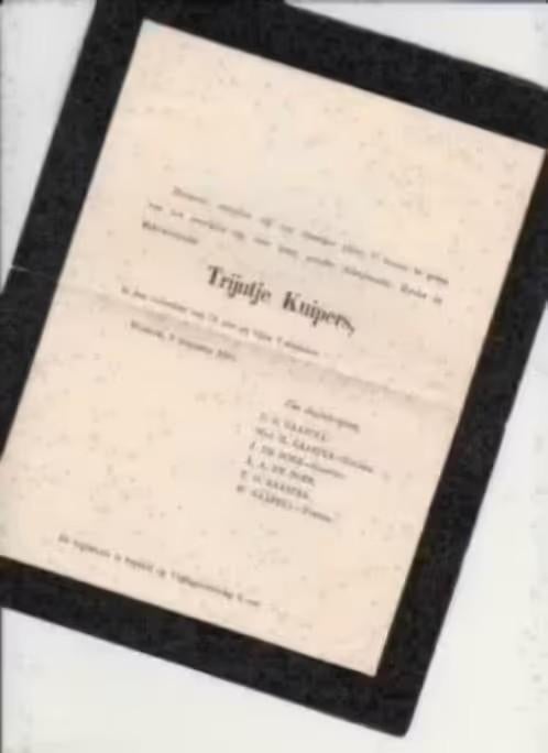 Rouwbrief 1905 Kuipers Gaastra Workum., Ophalen of Verzenden, Rouwkaart