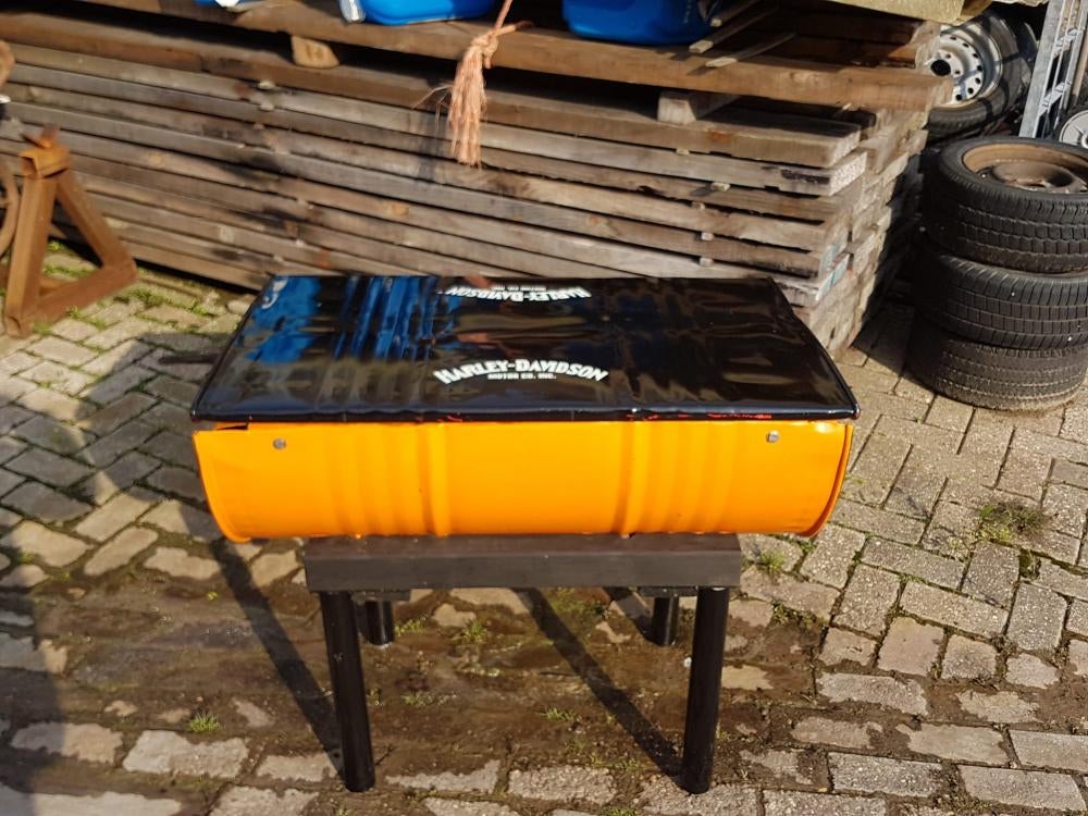 Bijzettafel gemaakt van olievat in Harley Davidson look😎, Ophalen, Gebruikt, Gebruiksvoorwerp, .