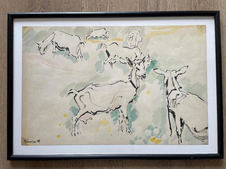 Aquarel Geiten van August Trūmper uit 1924, Antiek en Kunst, Kunst | Tekeningen en Foto's, Ophalen of Verzenden