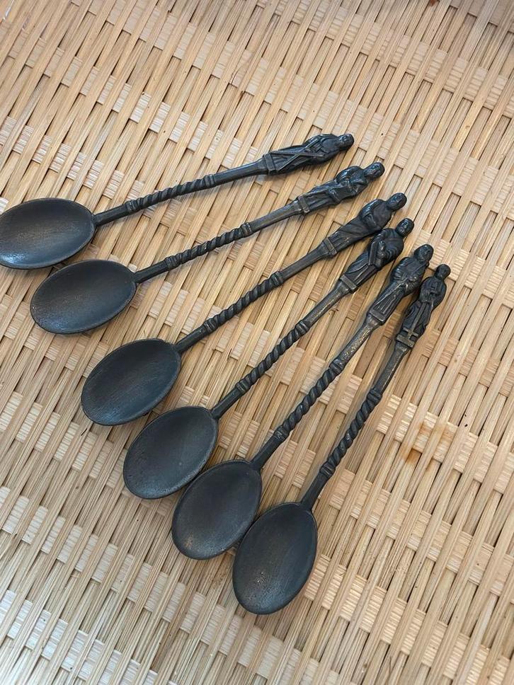 Set van 6 tinnen apostel theelepeltjes, Antiek en Kunst, Antiek | Bestek, Ophalen of Verzenden
