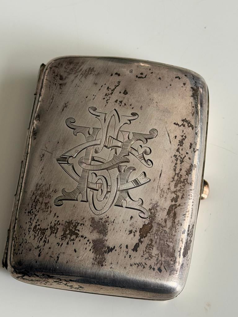 Antieke Zilveren Sigarettendoos met Monogram, Ophalen of Verzenden, Zilver