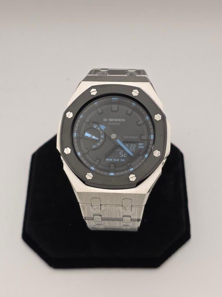 G Shock GA-2100 custom casioak AP look zilver/zwart/blauw, Ophalen of Verzenden, Nieuw, Zilver, Casio G-Shock