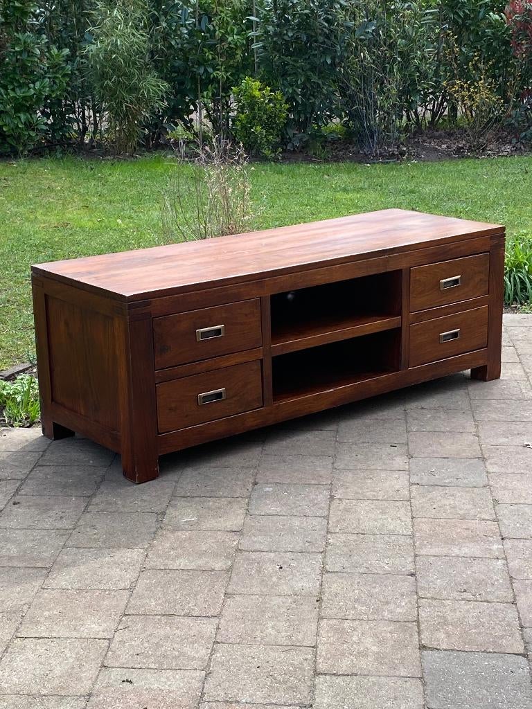 Houten TV-meubel – 140 cm breed teakhout, Ophalen, 100 tot 150 cm, Koloniaal, Teakhout
