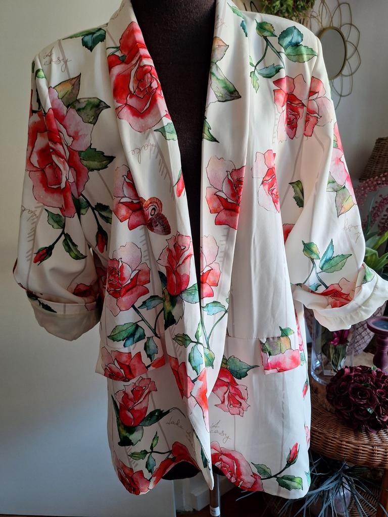 Jasje blazer wit bloemen one size s m l xl, Ophalen of Verzenden, Zo goed als nieuw, Maat 46/48 (XL) of groter, Wit