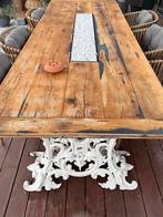 Unieke eiken tuintafel met sfeerbrander en antieke staanders, Ophalen, Gebruikt, Rechthoekig, Hout