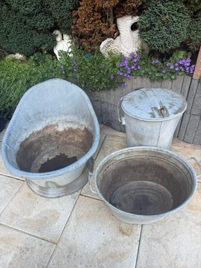 Zinken bakken, Tuin en Terras, Bloembakken en Plantenbakken, Ophalen, Minder dan 30 cm, Rond, Zo goed als nieuw