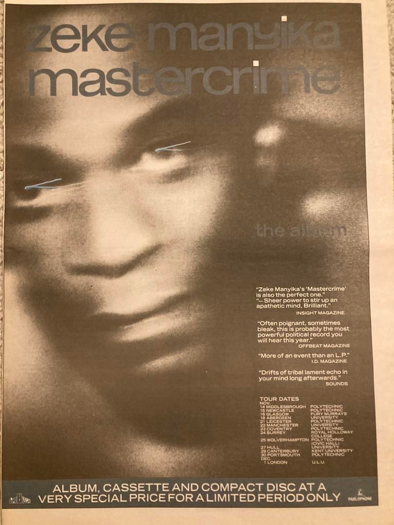 ZEKE MANYIKA Mastercrime tour A3 advertentie, Ophalen of Verzenden, Gebruikt, A1 t/m A3