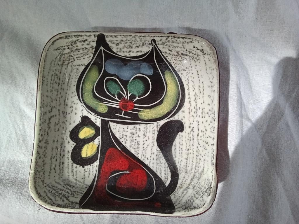 Klein Italiaans schaaltje met kat en leren onderkant, Ophalen of Verzenden