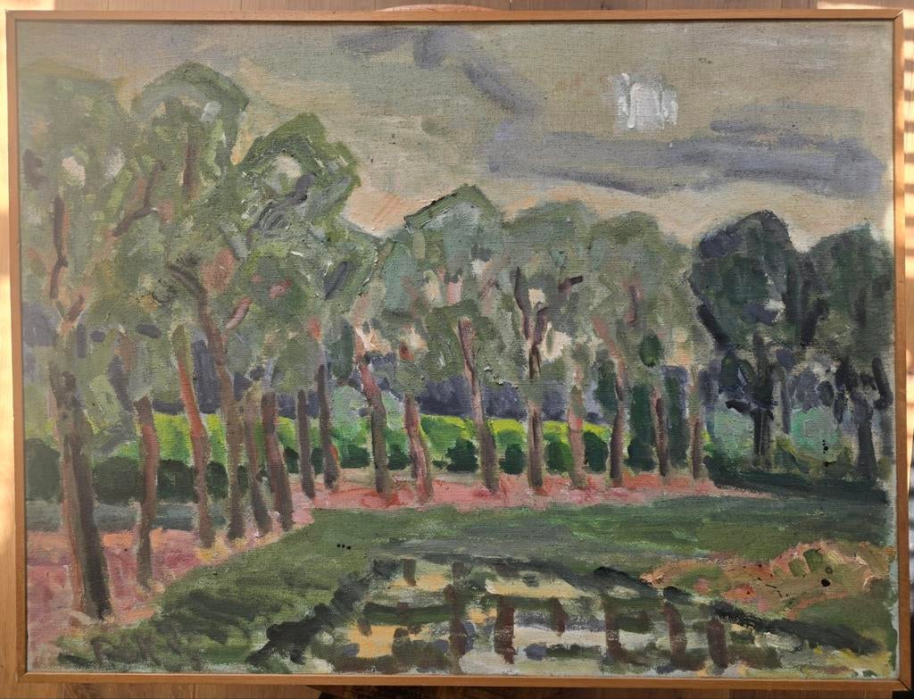 Groot schilderij P.C. Kuiper - Landschap met bomen gesigneer, Ophalen of Verzenden