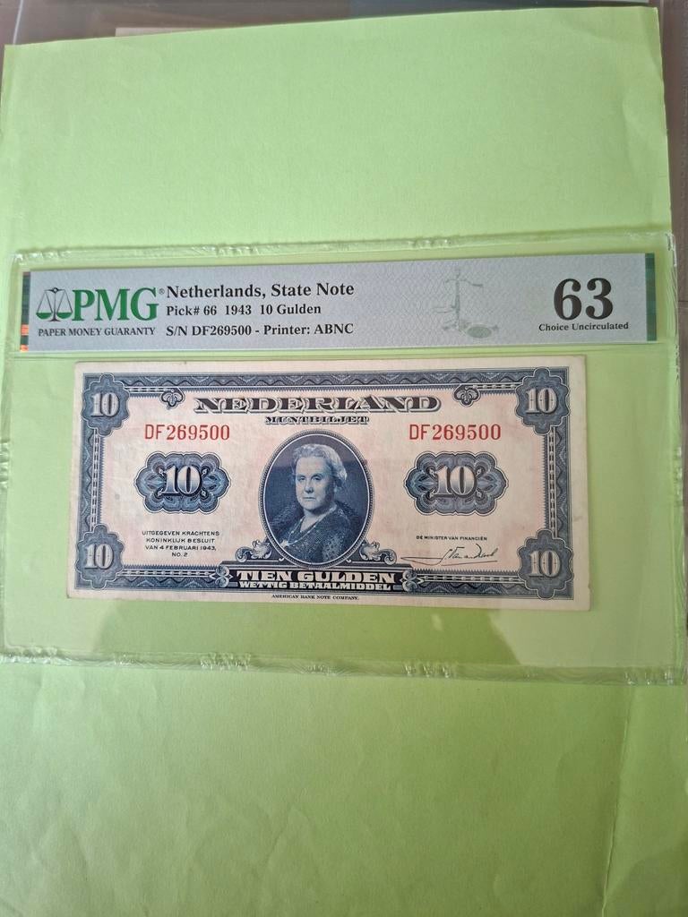 10 gulden Wilhelmina uit 1943 in UNC gekeurd PMG 63, Postzegels en Munten, Bankbiljetten | Nederland, Ophalen of Verzenden, 10 gulden