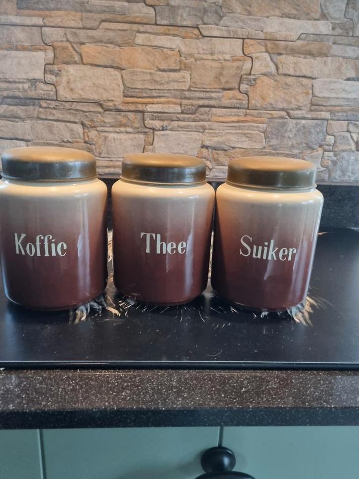 Antieke emaille bussenset: Koffie, Thee, Suiker, Antiek en Kunst, Antiek | Emaille, Verzenden