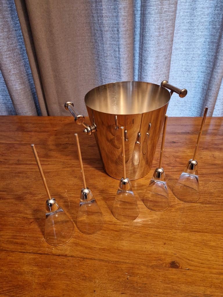 Art deco champagne emmer en 5 flutes, Ophalen of Verzenden