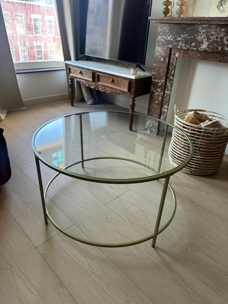 Gouden salontafel met glazen blad - Rond, 85x45 cm, Ophalen, Rond, 50 tot 100 cm, Minder dan 50 cm
