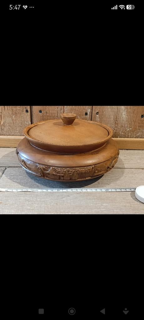 Vintage houten voorraadpot met deksel en houtsnijwerk, Ophalen of Verzenden