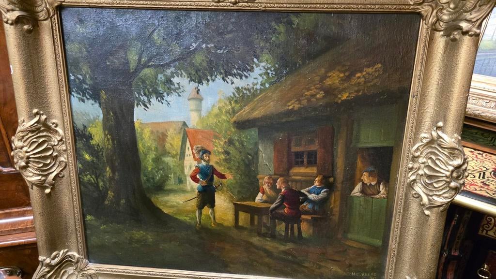 Romantisch schilderij met bladgouden lijst, Antiek en Kunst, Kunst | Schilderijen | Klassiek, Ophalen of Verzenden