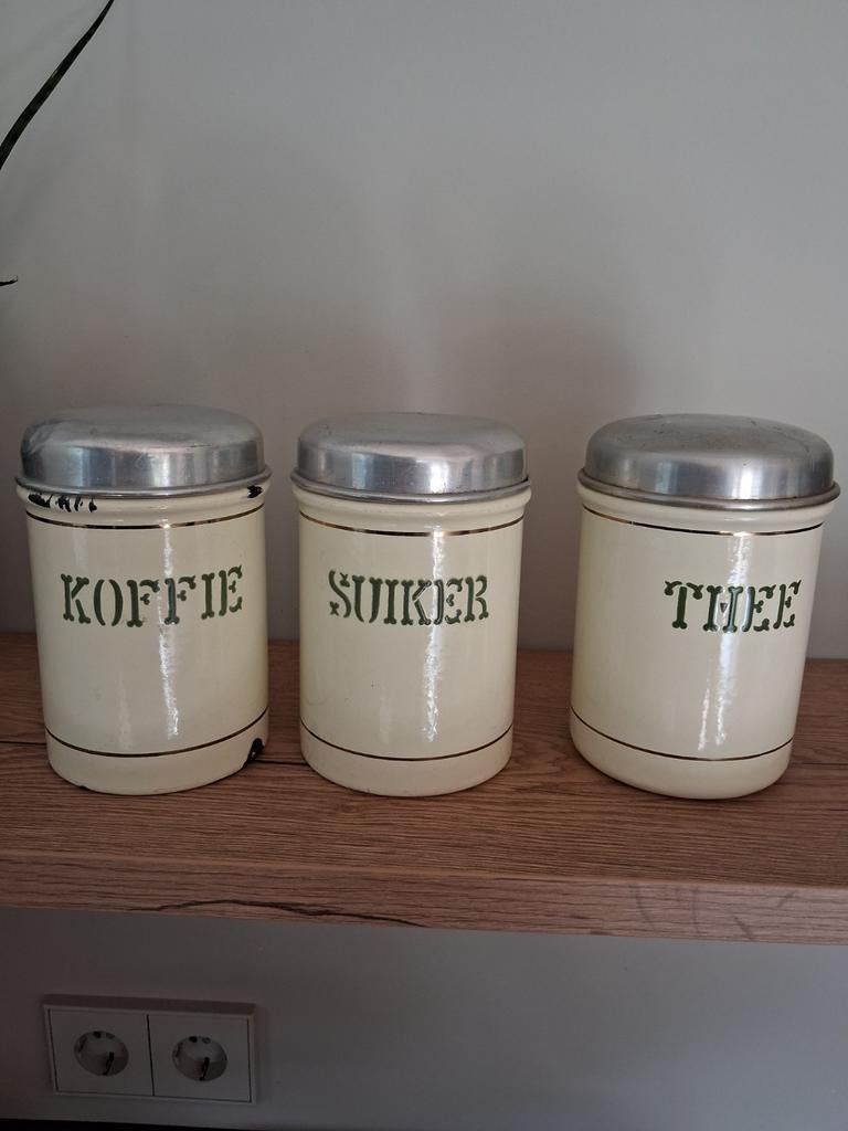 Vintage set voorraadbussen creme kleurig., Antiek en Kunst, Antiek | Emaille, Ophalen of Verzenden