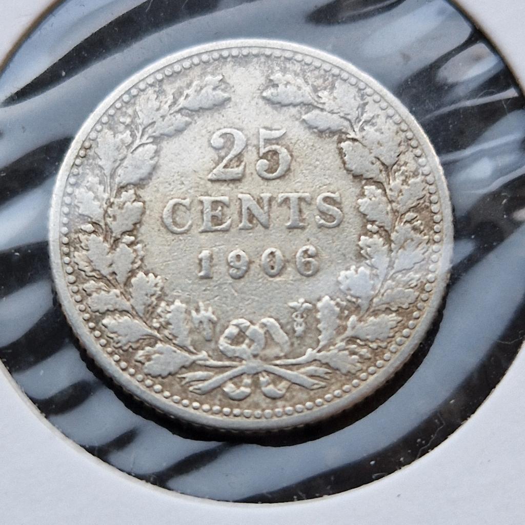 Zilveren kwartje 1906 Wilhelmina, Postzegels en Munten, Munten | Nederland, Zilver, 25 cent, Ophalen of Verzenden, Koningin Wilhelmina