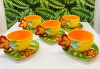 Koffie kopjes en bordjes Tropische bloemen, Ophalen of Verzenden, Zo goed als nieuw, Overige stijlen, Kop(pen) en/of Schotel(s)