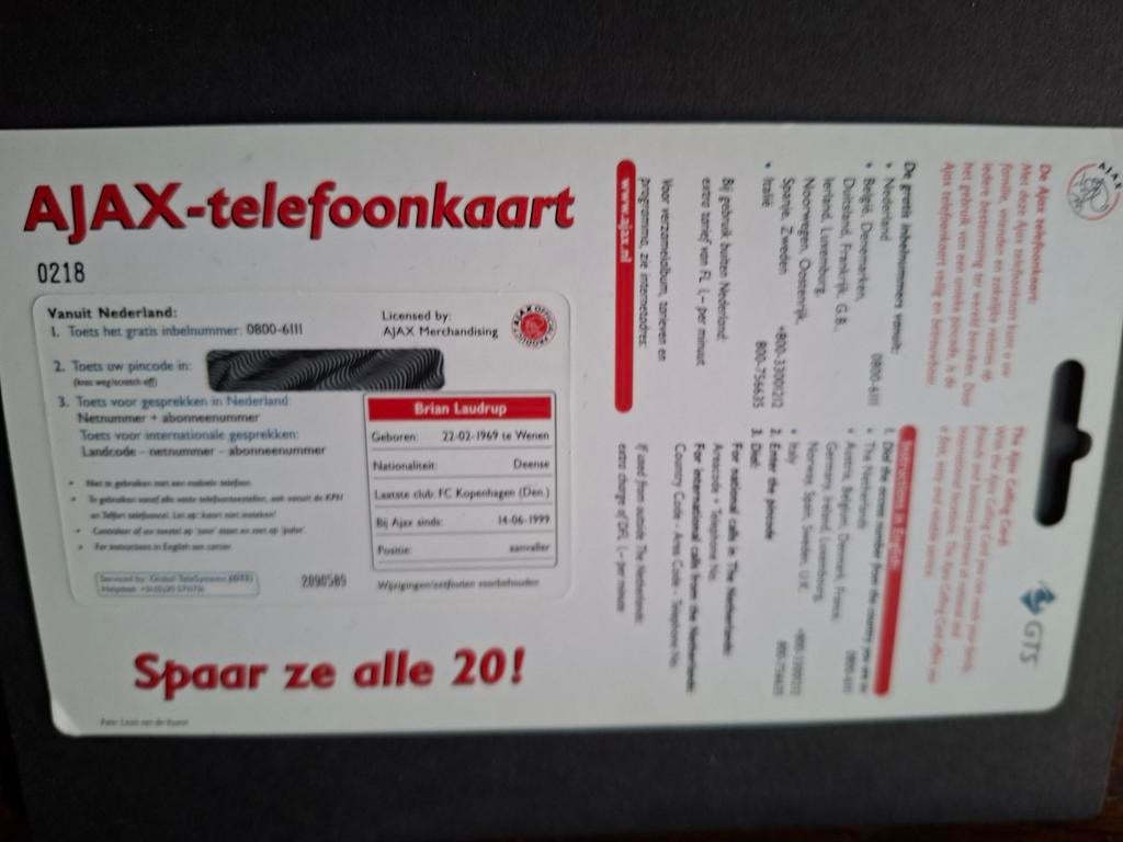 Ajax Telefoonkaart Brian Laudrup 1999-2000, Ophalen of Verzenden
